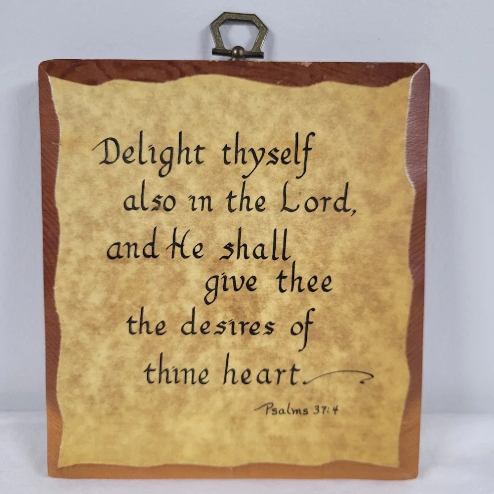 Vtg Psalms 37:4 Wood Plaque Wall Art Delight Thyself In The Lord Scripture Verse